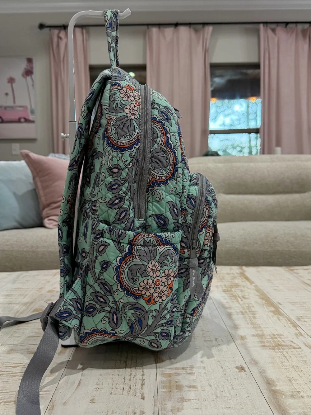 Vera Bradley Mint Green Quilted Floral Backpack Fan Flowers Purse School